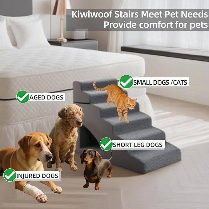 6 Step Pet Stairs Ramp for High Beds Sofas 18-36 Inch, Non-Slip Dog Stairs for Small Old Medium Large XL Dogs Cats, Sturdy 75 Pounds 33D Foam Balanced 6-Tier Ladder with Machine Washable Cover-PawvioPets