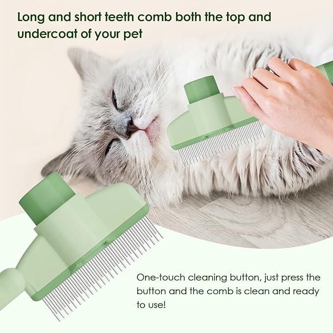 Flea Comb for Cat Hair Removal Comb, 2025 New Self-Cleaning Flea Brush for Cats and Dog, Comfort Cat Hair Removal Tool with Long & Short Stainless Steel Metal Grooming Brush(Green)-PawvioPets