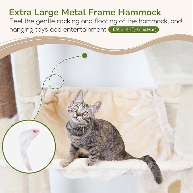 Globlazer Heavy Duty Cat Tree Tower, 70inch Sturdy Cat Tree for Indoor Cats Sturdy Large Cat Tower with Scratching Post and Scratching Board, Hammock, Cat Condo for Adult Cats Kittens, F70 Pro, Beige-PawvioPets