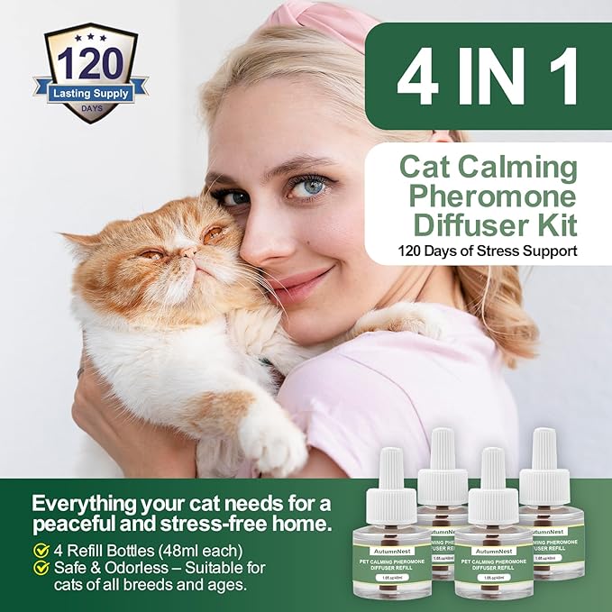 Cat Calming Pheromone Diffuser Refills, 4 Pack 48ml, Helps Relieve Cat Anxiety, Reduce Stress, Aggression, Fighting, Spraying, Scratching, Supports Cats During Vet Visits, Travel, Multi-Cat Homes-PawvioPets
