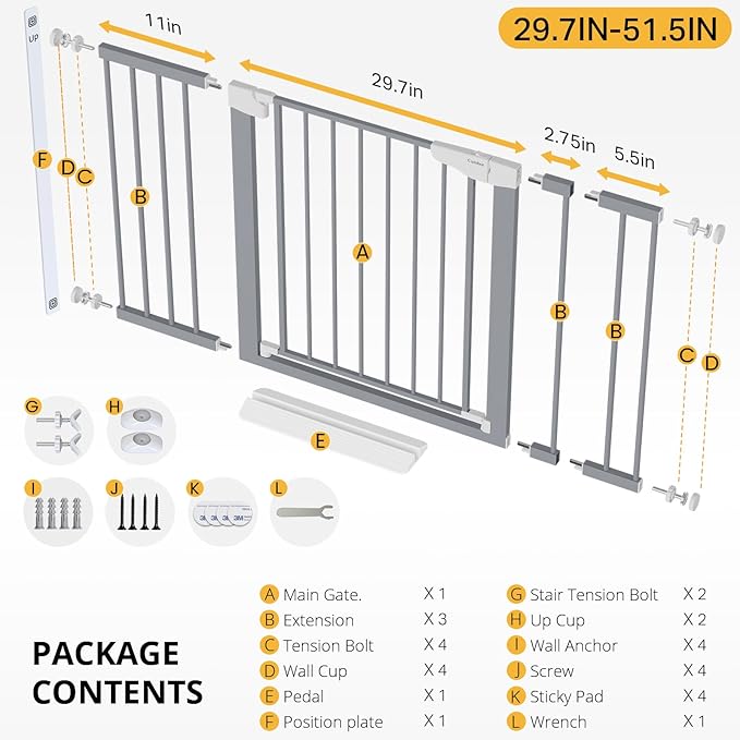 Cumbor 29.7"-51.5" Extra Wide Baby Gate for Stairs, Mom's Choice Awards Winner-Dog Gates for Doorways, Pressure Mounted Walk Through Pet Gate Indoor, Safety Auto-Close Child Gate for Kids, Gray-PawvioPets