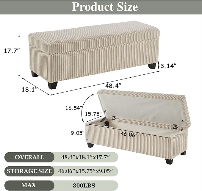 48" Ottoman with Storage, Corduroy Storage Ottoman Bench for Bedroom, End of Bed Bench with Safety Hinge for Living Room, Bedroom, Entryway, Beige-PawvioPets