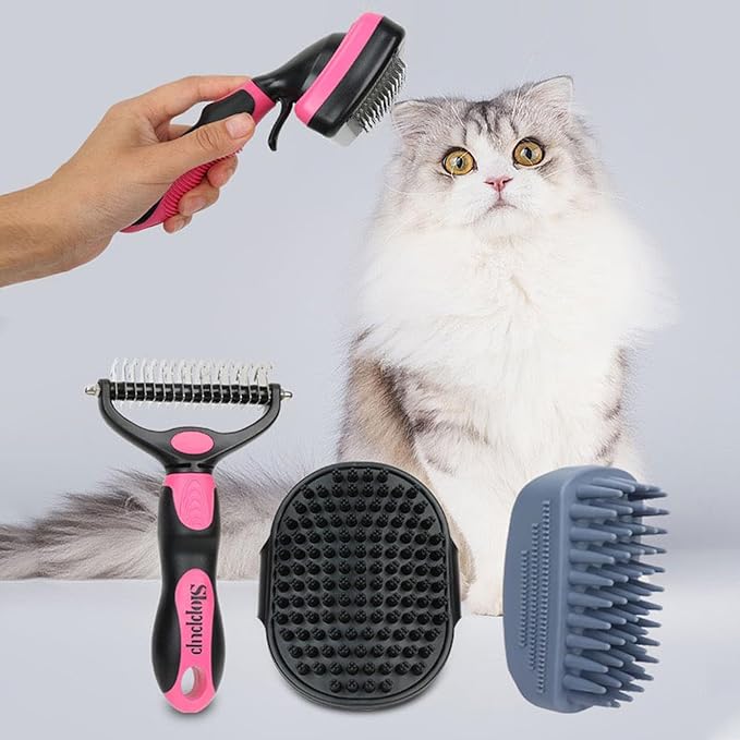Dog Brush Kit for Grooming Short & Long Haired Dogs & Cats, 4-in-1 Pet Grooming Set with Self-Cleaning Slicker Brush, Deshedding Tool, Shampoo Bath Comb, Massge Comb (Pink Black)-PawvioPets