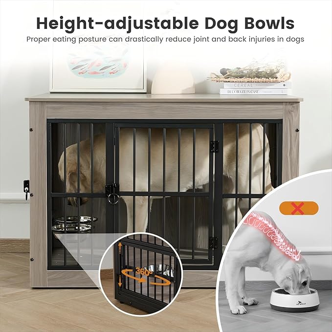 Gardner Pet Dog Crate Furniture for Medium Dogs, 32.7 Inch Dog Kennel Indoor, Wooden Dog Cage End Table with 2 Removable Bowls, Heavy Duty Dog Crate, Rustic Grey-PawvioPets
