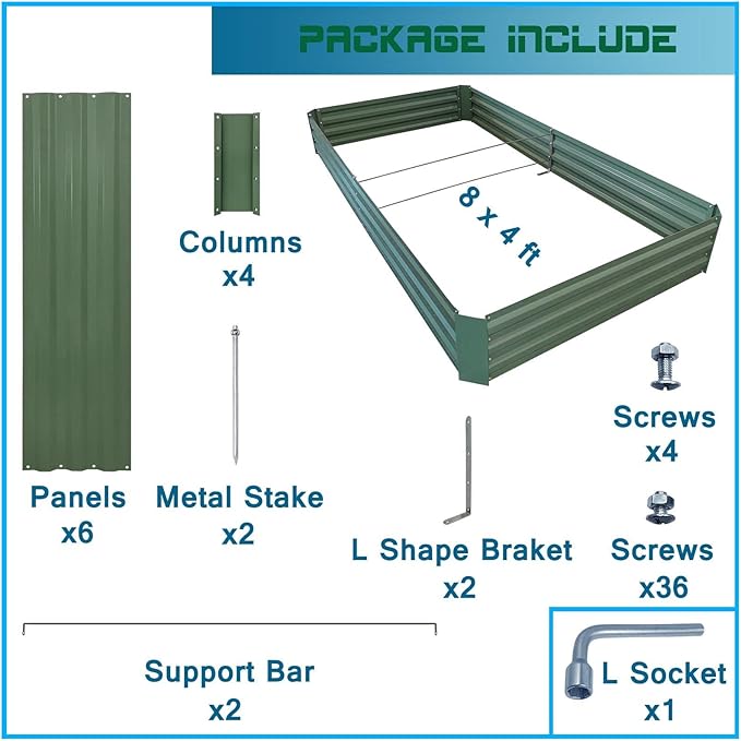 8x4x1ft Metal Raised Garden Bed Kit，Galvanized Garden Bed Box for Vegetables, Flowers, Herbs, and Succulents,240 Gallon Capacity - Green-PawvioPets
