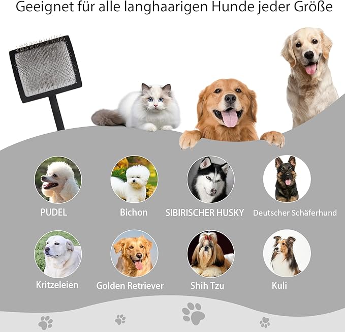 Dog Slicker Brush for Shedding and Grooming Medium or Long Haired Cats, Extra Long & Soft Pin Slicker Brush for Removes Loose Hair, Tangles, Knots, Undercoat, Free Pet Comb, Large Black-PawvioPets