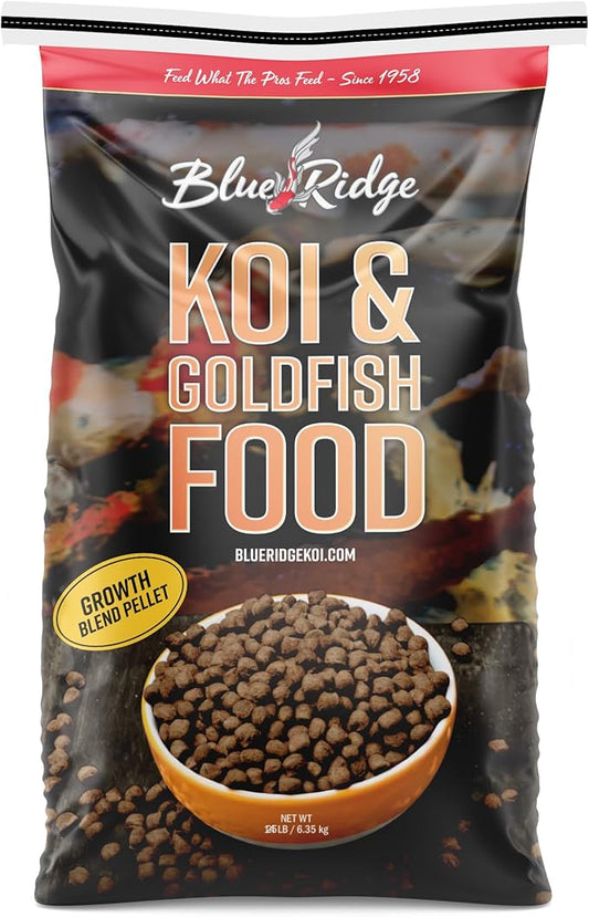 Blue Ridge Koi Fish Food 25lb - Koi Food 3/16” Large and Mini Blend Growth Formula, Goldfish Food, Premium Fish Food for Ponds, Ponds Fish Food, Floating Pond Pellets-PawvioPets