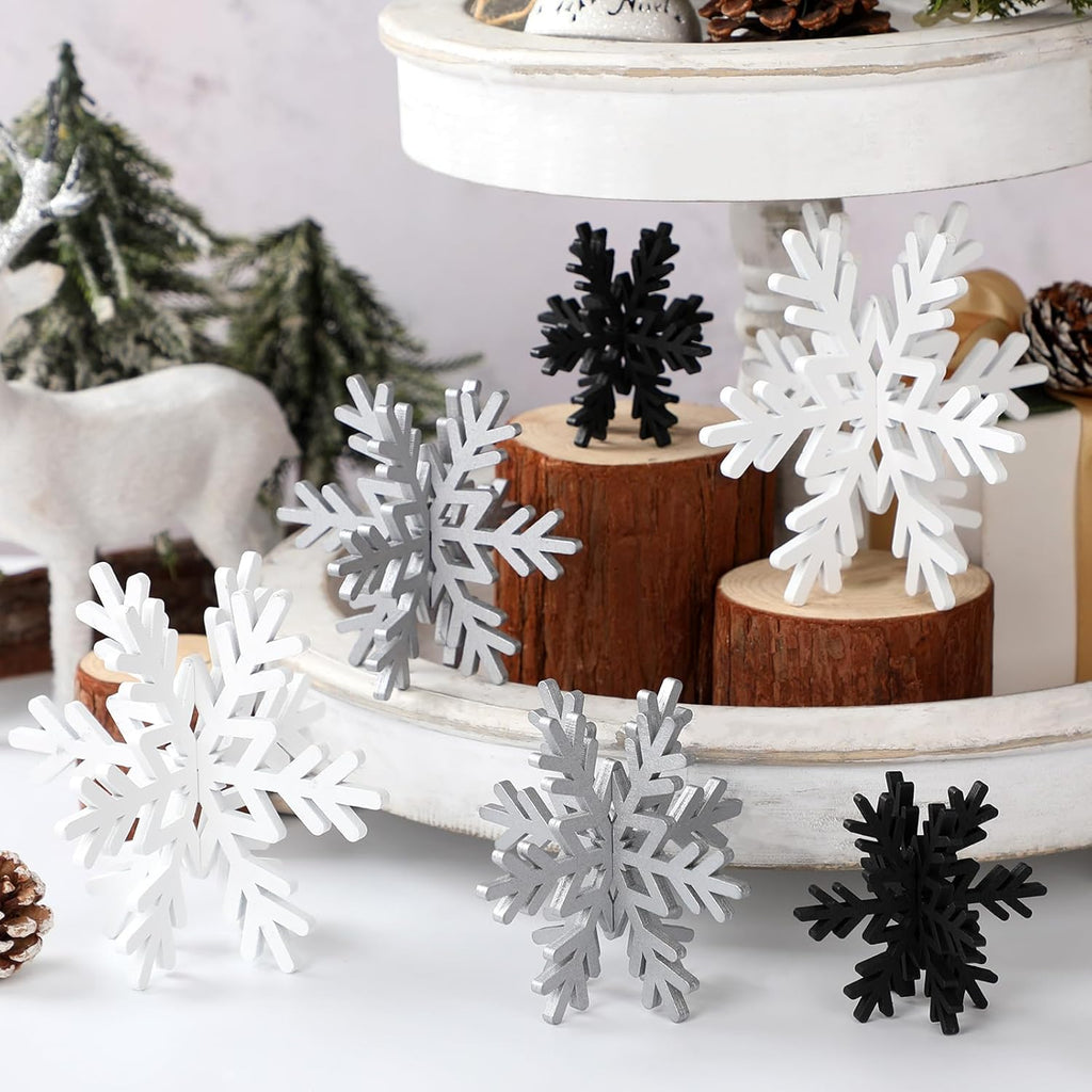 Bucherry 12 Pcs Wooden Snowflake Table Decor 3D Snowflake Tabletop Signs and Centerpiece for Christmas Xmas Winter Wonderland Decorations Home Party(White, Gray, Black)