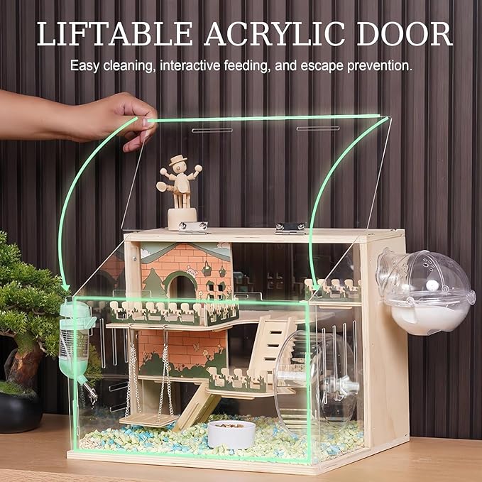 11 in 1 Wooden Hamster Cage with All Accessories, 15.8 Inch 3-Layer Dwarf Hamster Cage Acrylic,Small Animal Cages, Pastoral Style Mouse Cage for Pet Mice, Hedgehog, with Stairs, Fences and Swing-PawvioPets