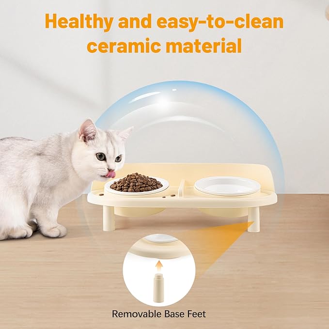 Elevated Cat Bowls, Tilted Rised Cat Food and Water Bowl with 2 Pcs Ceramic Pet Bowls, Rised Stand, Pet Dish Anti Vomiting Feeding Station for All Sized Cats & Small Dogs (Milk Coffee)-PawvioPets