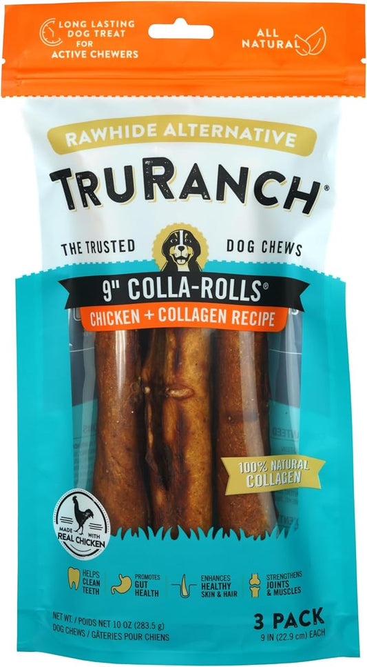 Collagen Rolls - 9" Collagen Rolls for Dogs - Long Lasting Healthy Joint Support Dog Treat - Rawhide Alternative - Skin & Coat Health - Made with Real Chicken, 1 Bag, 3 Count-PawvioPets