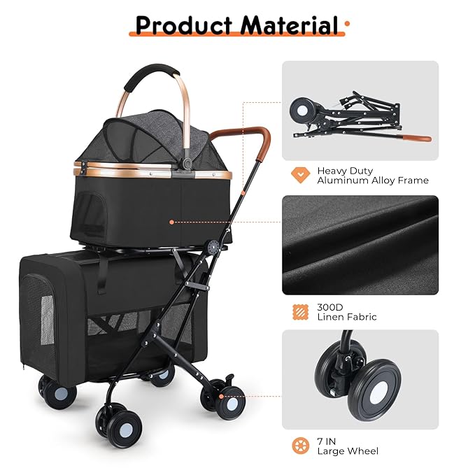 Double Pet Stroller for Small Medium Dogs - 4 In1 Dog Stroller for 2 Pets, Detachable and Foldable with 360°Rotating Wheels, Easy Assembly and Compact Size-PawvioPets