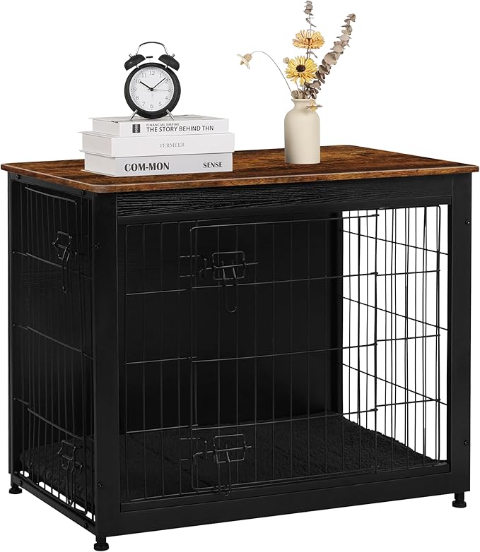 DWANTON Dog Crate Furniture with Cushion, Wooden Kennel Table with Double Doors, Indoor Dog House, Medium Size, 32.5" L, Black+Rustic Brown-PawvioPets