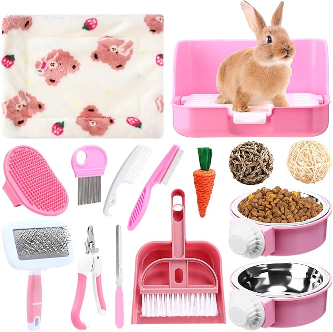 15 Pcs Rabbit Starter Kit Small Rabbit Litter Box Animal Grooming Kit Bunny Toys Bowl Blankets with Cleaning Set for Guinea Pig Accessories(Pink)-PawvioPets