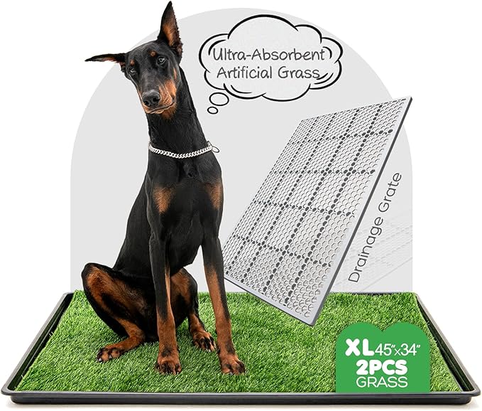 Dog Grass Pad with Tray, 45×34in XL Litter Box, 2×Grass Pad for Dogs Potty Washable, Thick Soft Odor-Free Hemmed Dog Pee Grass, Indoor Potty Training Balcony-PawvioPets