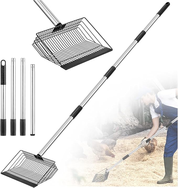 Adjustable Chicken Poop Scooper, Heavy Duty Stainless Steel Chicken Rake with 3-Slot Pole, Multi-Use Pet Waste Shovel & Hay Scooper - 36"/50"/64" Length-PawvioPets