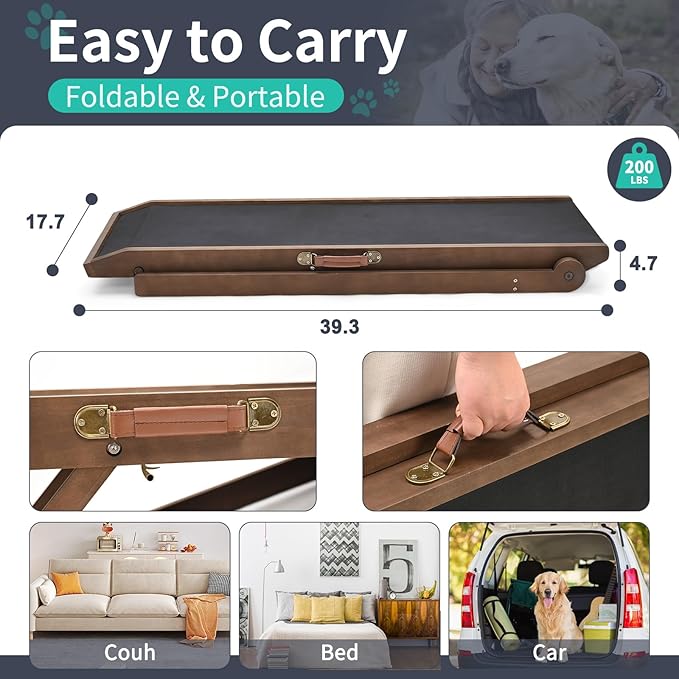 Dog Ramp, Adjustable Height Wooden Folding Pet Ramp for Bed, Couch,SUV-High Traction, Portable Paw Ramps for Small & Large Old Dogs & Cats - Furniture Quality-PawvioPets