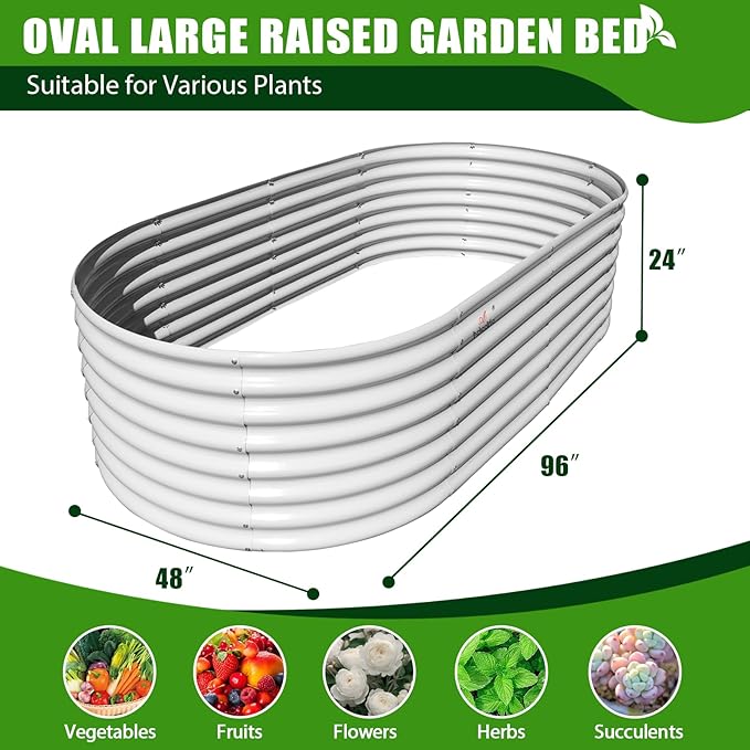 A ANLEOLIFE 8x4x2ft Galvanized Raised Garden Bed Kit, Oval Metal Deep Root Planters for Outdoor Plants Vegetables Flowers Herb, Large Bottomless, 478 Gallon Capacity- Antique White-PawvioPets