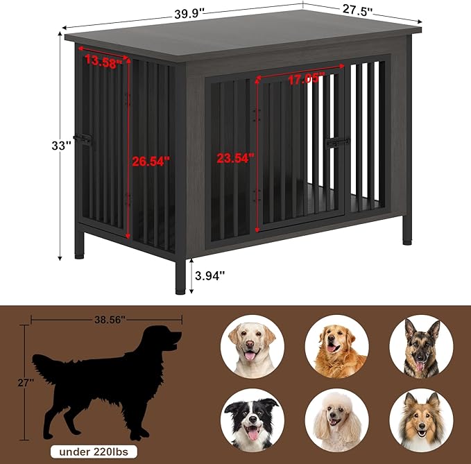 EasyCom 39.96" XL Wooden Large Dog Crate Furniture for Medium and Large Breed, Chew-Resistant Dog Kennel Furniture Indoor with 2 Doors and 3.94" Raised Feet, as TV Stand, End Table, Crate Table-PawvioPets
