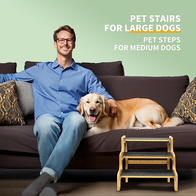 Dog Stairs for Small Dogs,3-Step Bamboo Wooden Dog/Pet/Cat Steps Ramp for Couch Sofa,Bed and Car, Can Support Weighing Up to 160 LB,-PawvioPets