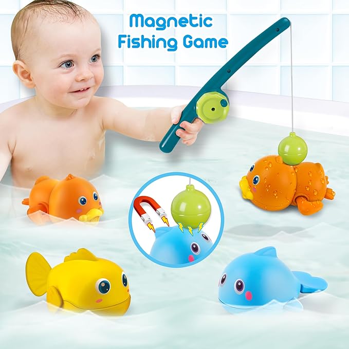 Dwi Dowellin Bath Toys for Toddlers, Magnetic Fishing Games Kids Bathtub Toys, Mold Free Wind-up Toys Swimming Fish Duck Whale Floating Water Toys for Kids Baby Infant-PawvioPets