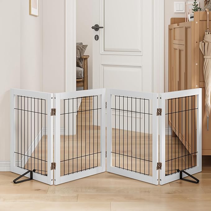 Dog Gate Indoor, Metal Dog Gates for Doorways House, 24-Inch Freestanding Pet Gates for Dogs, Puppy Fence (4 Panel, White)-PawvioPets
