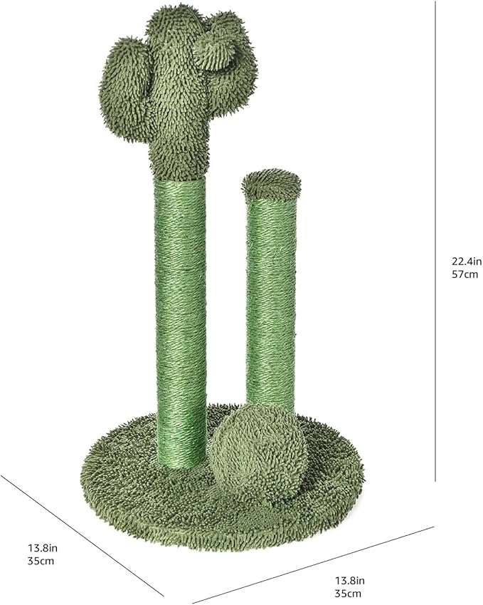 Amazon Basics Cat Scratcher - Indoor Cactus Triple Posts Cat & Kittens Scratching Post with Dangling Ball, Small (22.4"H) - Green-PawvioPets