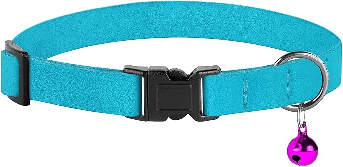 Breakaway Cat Collar Leather with Removable Bell - 13 Colors Available - Soft Adjustable Girl Boy Safety Lightweight Pet Kitten Collars Pink Brown Blue Green Red Orange Black (Aquamarine)-PawvioPets
