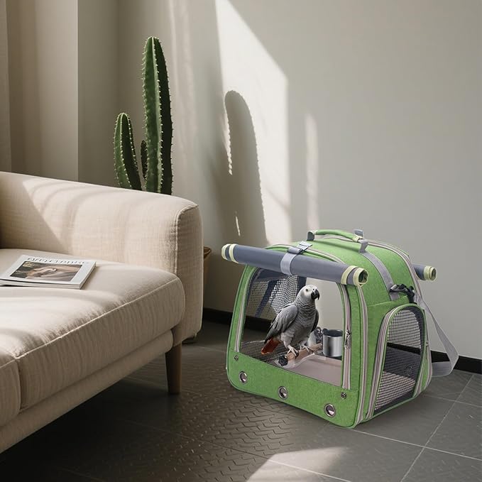 Bird Carrier Parrot Travel Cage with Perch, Food Bowl, Tray and Breathable Clear Window, Bird Travel Bag for African Gray Cockatiel Caique Conure Quaker, for Vetting Camping Hiking (Green)-PawvioPets