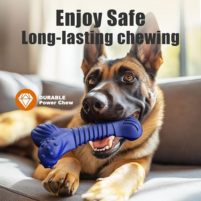 Dog Toys for Aggressive Chewers, Indestructible Chew Toys for Medium Large Dogs,Durable Rubber Dog Bones with Beef Flavor, Tough Dental Toy for Boredom Relief (Blue)-PawvioPets