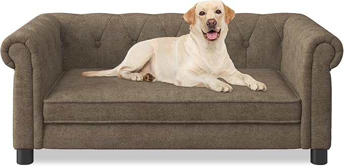 Dog Sofa Couch for Medium to Large Dogs, Memory Foam Pet Sofa Couch with Washable Fabric, Durable Elevated Dog Bed with Legs, Removable Cushion for Medium and Large Dogs, Brown-PawvioPets