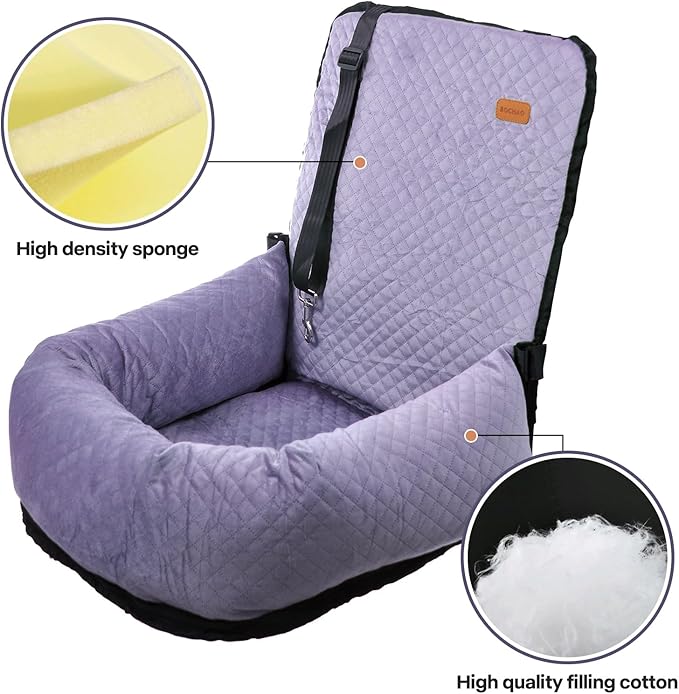 Dog Car Seat for Small Medium Dogs Up to 40lbs, Detachable Washable Soft Pet Booster Travel Bed for Front & Purple Seat with Safety Leash Belt-PawvioPets