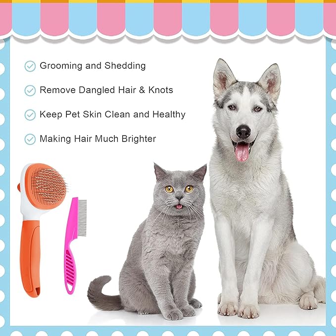 Cat Brushes for Indoor Cats, Dog Brush for Shedding with Metal Cat Comb, Self Cleaning Pet Hair Brush with Release Button for Grooming Kitten(Orange)-PawvioPets