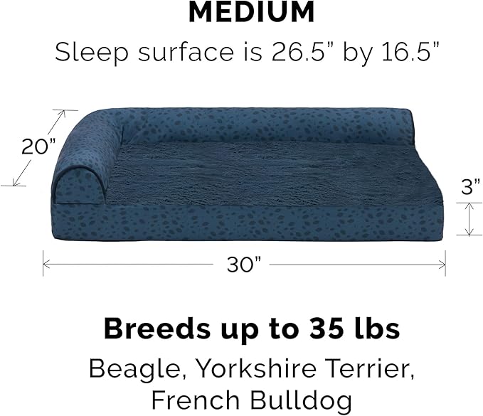 Furhaven Cooling Gel Dog Bed for Medium/Small Dogs w/ Removable Bolsters & Washable Cover, For Dogs Up to 35 lbs - Plush & Almond Print L Shaped Chaise - Blue Almonds, Medium-PawvioPets