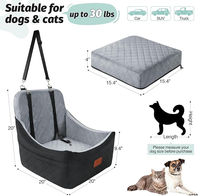 Dog Car Seat for Dogs Up to 35lbs,Fully Detachable and Washable,Memory Foam Covered Soft Fabric,Easy to Install with Adjustable Straps,Anti-Slip Bottom,Two Side Pockets(Black/Grey,Medium)-PawvioPets
