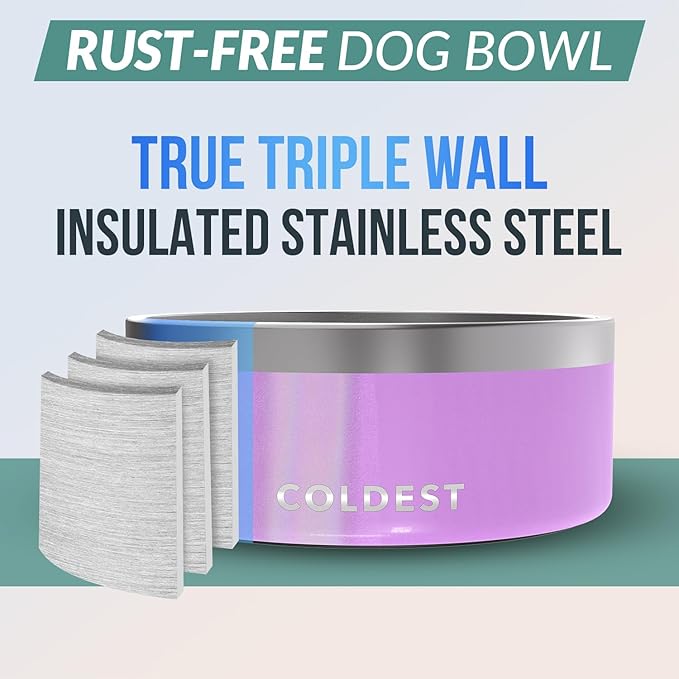 Coldest Dog Bowl - Anti Rust Metal, Non Slip, 3 Layers Insulated Stainless Steel Dog Bowls - Spill Proof & Heavy Duty - Water Bowl for Dogs, Cats, Dish Washer Safe (100 oz, Saturns Purple Glitter)-PawvioPets