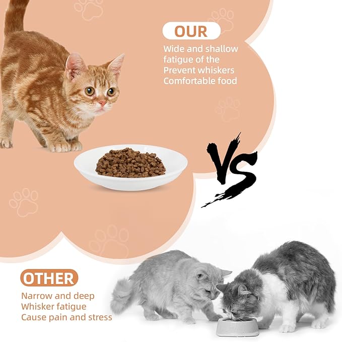 6 Pack Cat Food Bowl, Ceramic Cat Bowls, Anti Whisker Fatigue Cats Bowl Set,5.5 Inches Shallow Wide Kitten Plates for Food and Water (Fishbone Style)-PawvioPets
