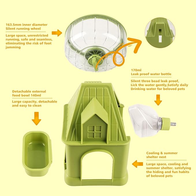 4 in 1 Silent Large Hamster Wheel Multifunctional Hamster Running Wheel Quite Running Spinner Wheel Accessories with Food Bowl Water Bottle for Hamsters Dwarf Gerbil (Green)-PawvioPets