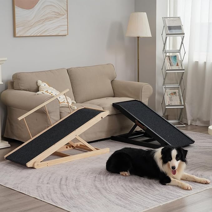 Dog Ramp for Bed, Dog Stairs for Small and Large Dogs, Portable Dog Steps for Bed, Couch, Car, Adjustable Pet Ramp, Anti-Slip Traction Mat Pet Steps, Support up to 210 lbs (Log Color, LENTH-55.1IN)-PawvioPets