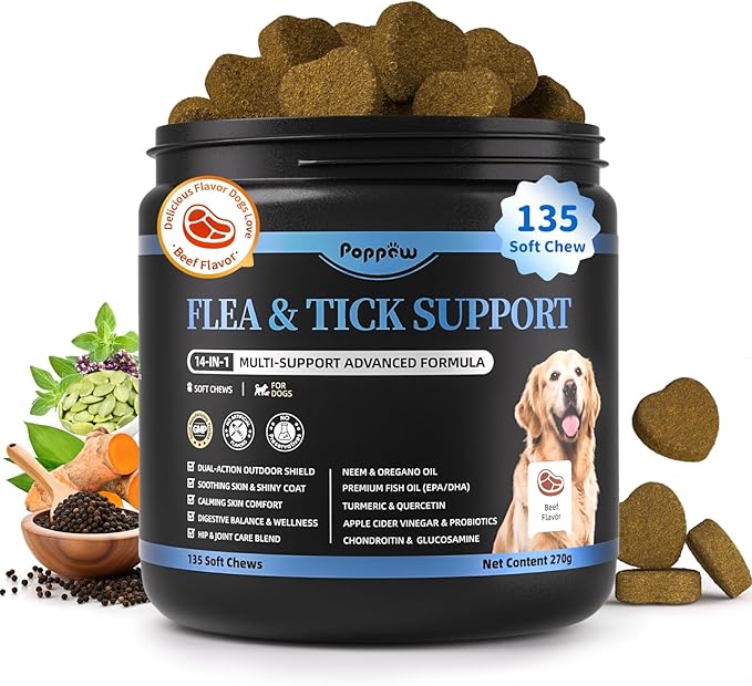 Dog Flea and Tick Support Chewable, Natural Dog Flea Comfort Supplement, Oral Chews with Neem, Oregano Oil, Pumpkin Seed Oil & Brewer's Yeast – 135 Soft Chews, Beef Flavor – for All Breeds & Sizes-PawvioPets