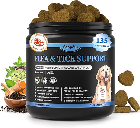 Dog Flea and Tick Support Chewable, Natural Dog Flea Comfort Supplement, Oral Chews with Neem, Oregano Oil, Pumpkin Seed Oil & Brewer's Yeast – 135 Soft Chews, Beef Flavor – for All Breeds & Sizes-PawvioPets