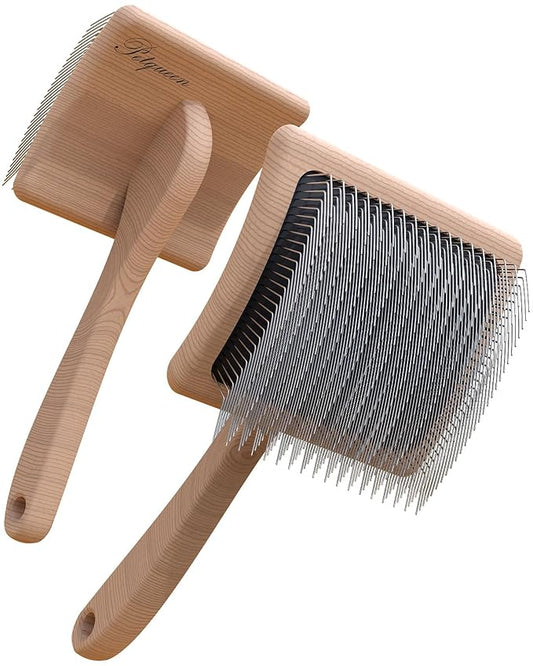 Dog Slicker Brush for Large Dogs, Professional Doodles Brush for Poodles, Goldendoodles and Labradoodles - Easy to Remove Tangles, Mats and Fluff - 3.8"x3.2" Head, 8" Wood Body-PawvioPets