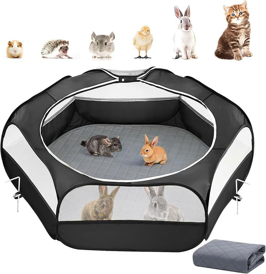 2-in-1 Small Animals Playpen with Pad, Waterproof Small Pet Cage Tent with Reusable Pad, Portable Outdoor Yard Fence with 3 Metal Rod for Chick/Kitten/Puppy/Guinea Pig/Rabbits/Chinchillas, Black-PawvioPets