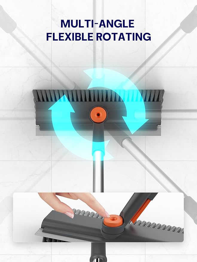 Floor Scrub Brush with Long Handle, 3 in 1 Multi-angle Swivel Right Angled Bristle Floor Scrubber Brush with Squeegee and Tweezer for Cleaning Tile Wall Deck Bathroom Patio Garage Kitchen (Grey)-PawvioPets