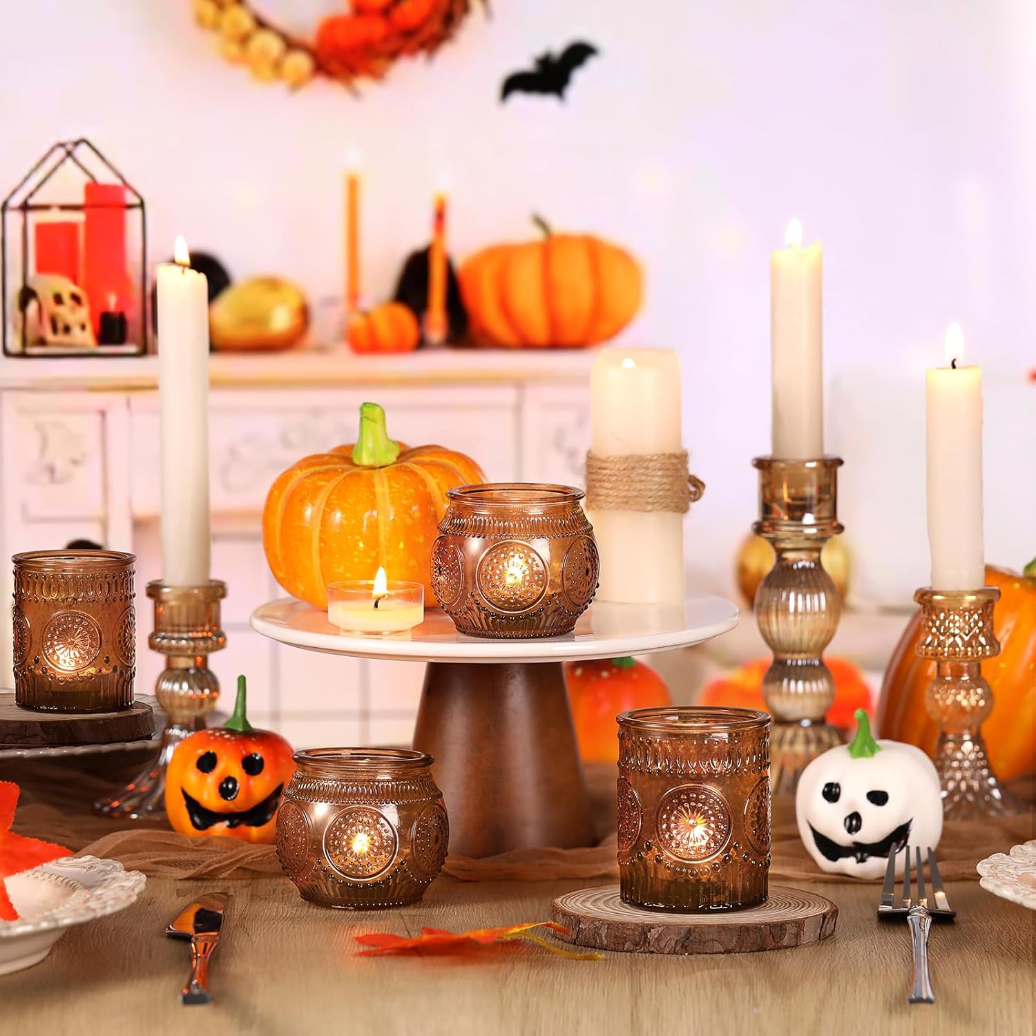 DARJEN 24Pcs Amber Votive Candle Holders - Vintage Glass Candle Holder, Candle Holders Bulk for Wedding & Home Decoration, Tea Lights Candle Holders for Festival Party Gift