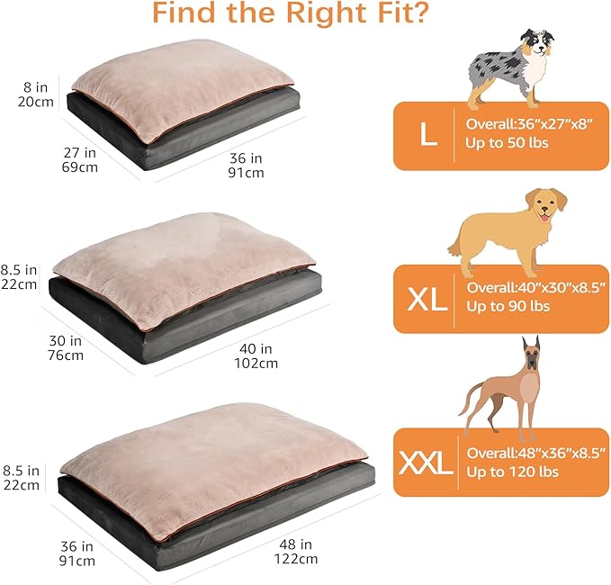 Amazon Basics Dog Bed with Cooling Gel Memory Foam, Pressure-Relief Support for Dogs up to 120lbs, Non-Slip Bottom, Machine Washable Cover, Giant Sized (48" x 36"), Grey-PawvioPets