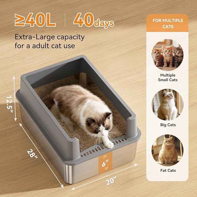28" Extra Large XXL Stainless Steel Cat Litter Boxes with Lid Metal Cat Litterbox Pan for Big Cats and Multiple Cats, Anti-Leakage, Easy Cleaning, Include Scoop-PawvioPets