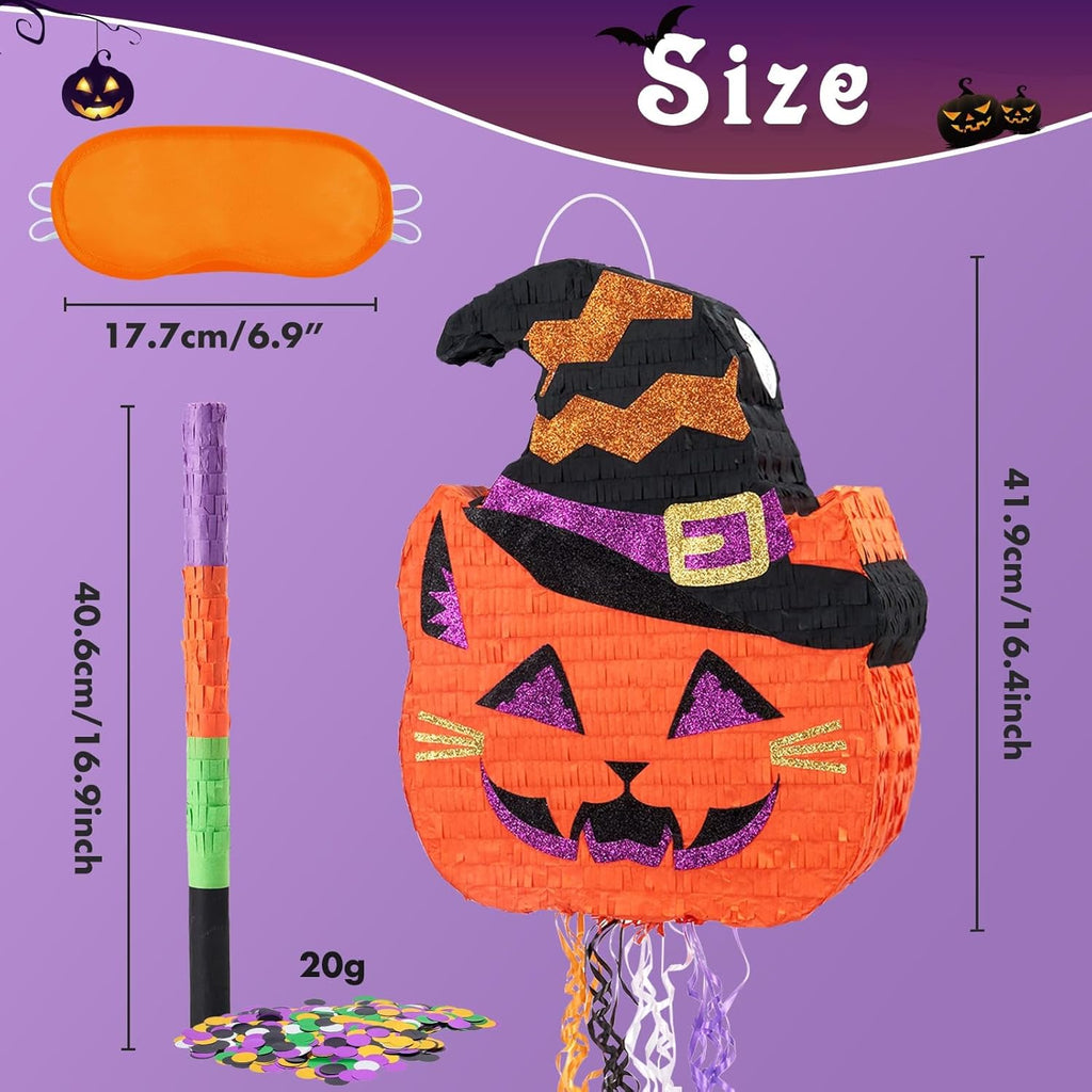 WERNNSAI Halloween Pumpkin Pinata - Halloween Pumpkin Party Decorations Black Cat Party Games for Kids Baby Hallows Eve Supply Jack O Lantern Pumpkin Design with Bat Blindfold