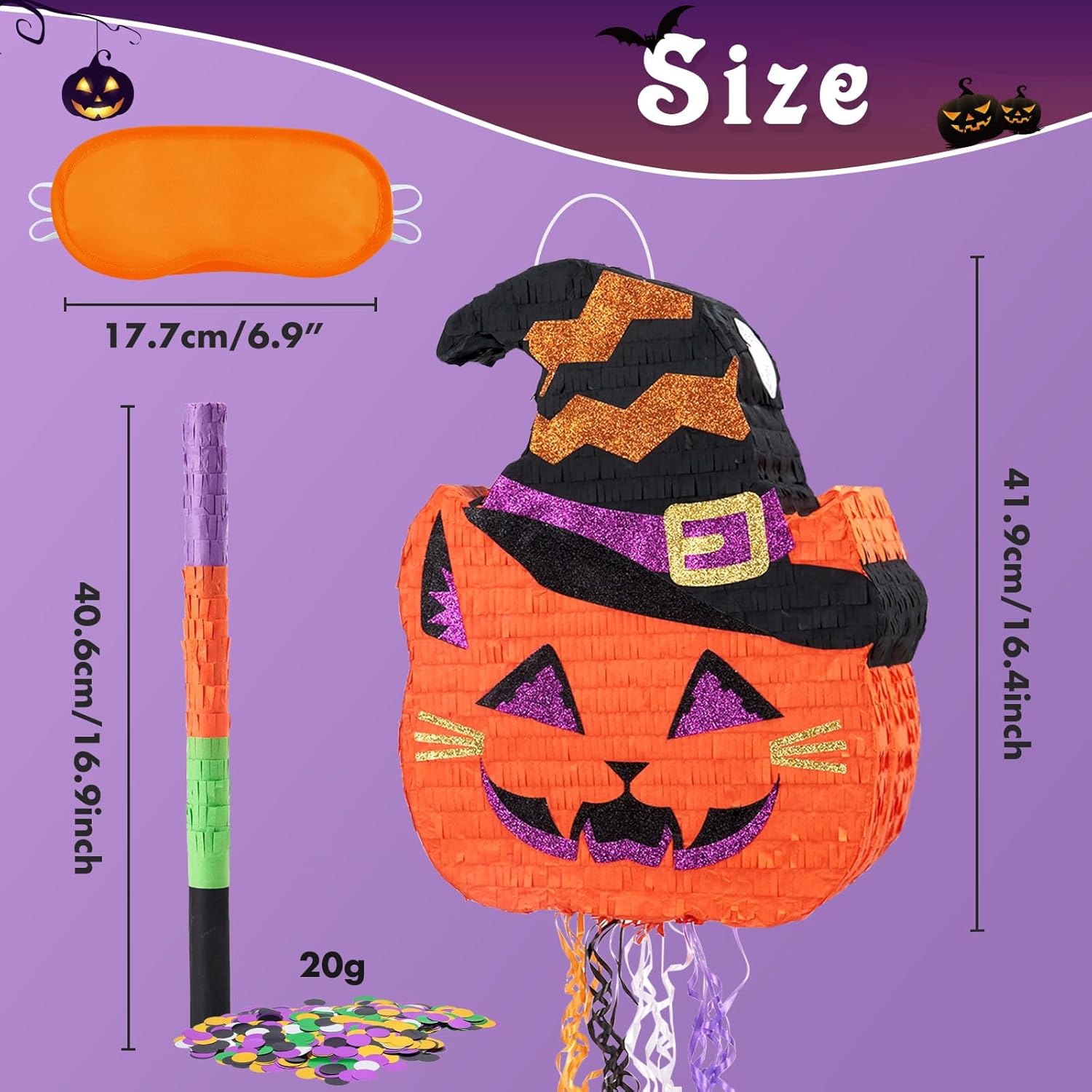 WERNNSAI Halloween Pumpkin Pinata - Halloween Pumpkin Party Decorations Black Cat Party Games for Kids Baby Hallows Eve Supply Jack O Lantern Pumpkin Design with Bat Blindfold