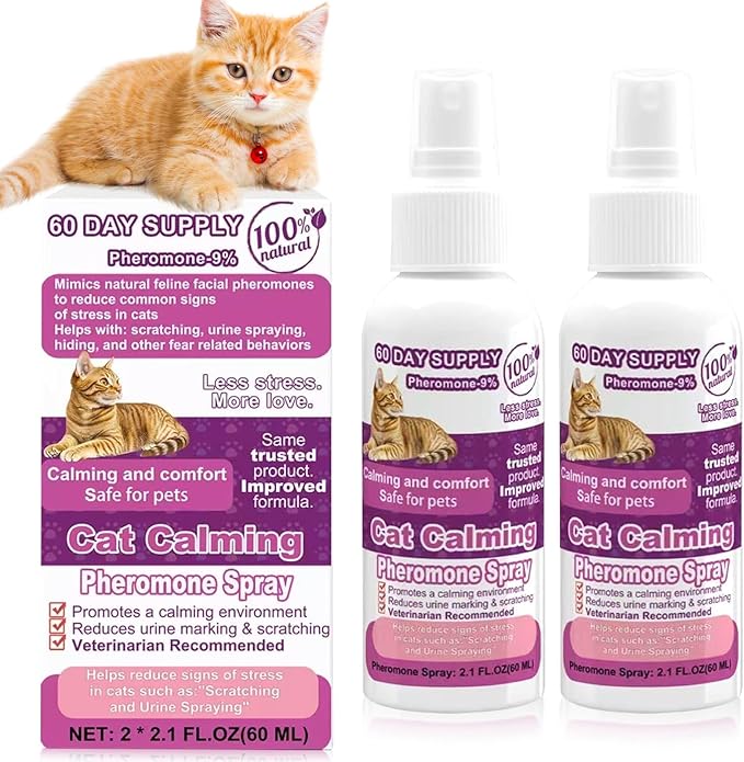 Cat Calming Pheromone Spray, Feline Calm Pheromones Spray- Anti Anxiety Pet Products, Cats Reduces Scratching Furniture Peeing Marking Calming Cat for Travel, Vet Visits - 60 Day Kit (2 * 60 mL)-PawvioPets